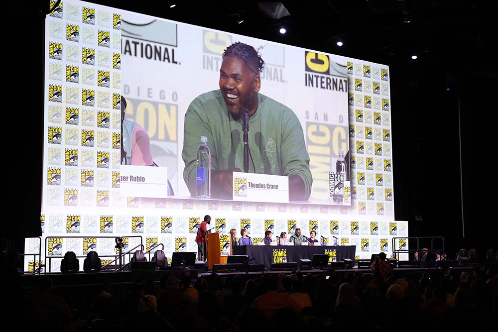 SAN DIEGO, CALIFORNIA - JULY 24: (L-R) Juju Green, Emma Tammi, Jason Blum, Josh Hutcherson, Piper Rubio, Theodus Crane and Teo Briones speak onstage during Universal Pictures' "Five Night's at Freddys 2" Cast at SDCCat San Diego Convention Center, on July 24, 2025 in San Diego, California. (Photo by Leon Bennett/Getty Images for Universal Pictures)