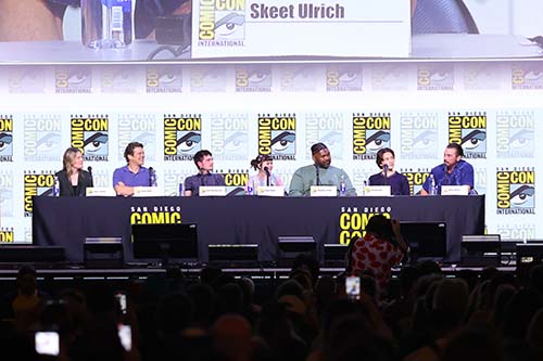SAN DIEGO, CALIFORNIA - JULY 24: (L-R) Emma Tammi, Jason Blum, Josh Hutcherson, Piper Rubio, Theodus Crane, Teo Briones, and Skeet Ulrich attend Universal Pictures' "Five Night's at Freddys 2" Cast at SDCCat San Diego Convention Center, on July 24, 2025 in San Diego, California. (Photo by Leon Bennett/Getty Images for Universal Pictures)
